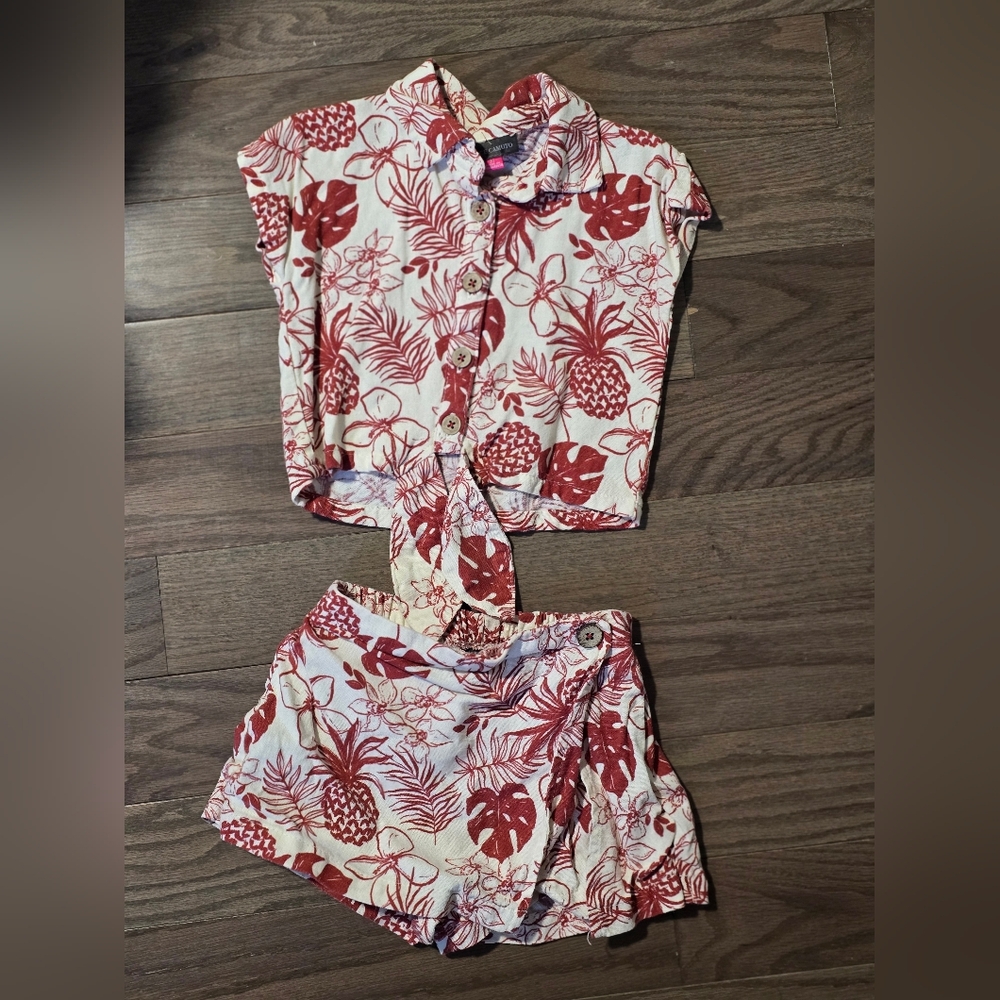 Tropical Red and White Tie/Button-Up Shirt and Skort Set Toddler Girl 3T